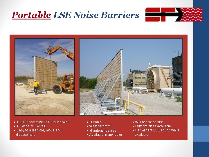 Portable LSE Noise Barriers · 100% Absorptive LSE Sound Wall · 18’ wide x