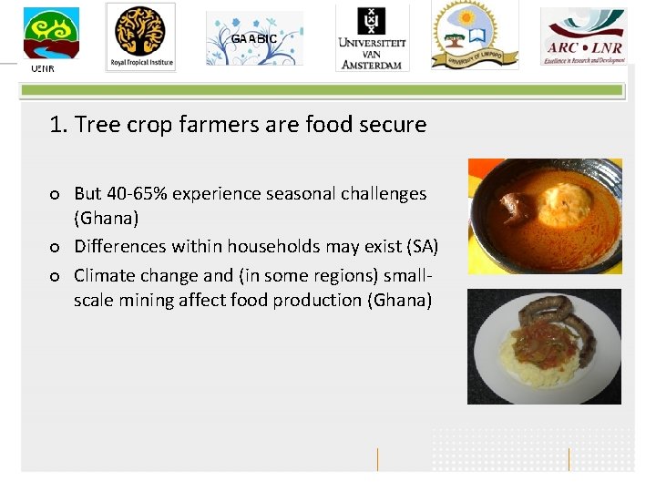 1. Tree crop farmers are food secure ¢ ¢ ¢ But 40 -65% experience