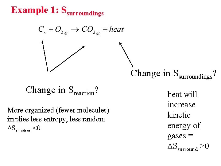 Example 1: Ssurroundings Change in Ssurroundings? Change in Sreaction? More organized (fewer molecules) implies