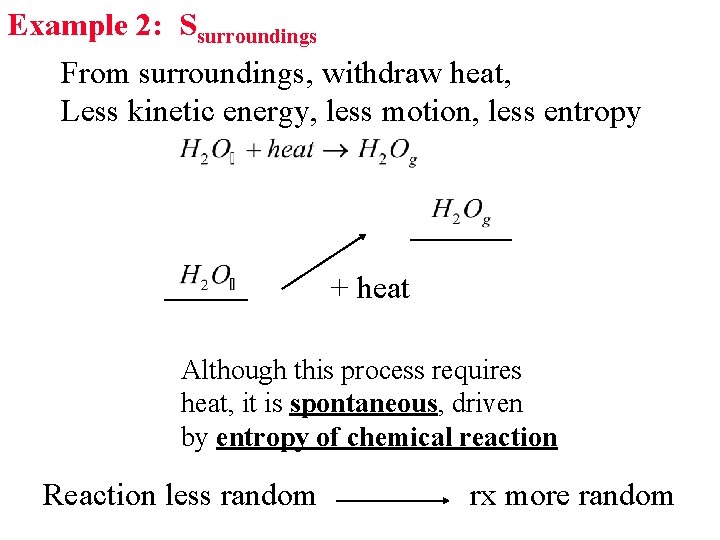 Example 2: Ssurroundings From surroundings, withdraw heat, Less kinetic energy, less motion, less entropy