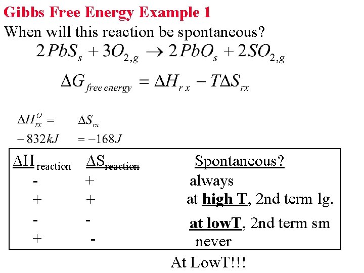 Gibbs Free Energy Example 1 When will this reaction be spontaneous? H reaction +