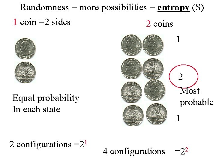 Randomness = more possibilities = entropy (S) 1 coin =2 sides 2 coins 1