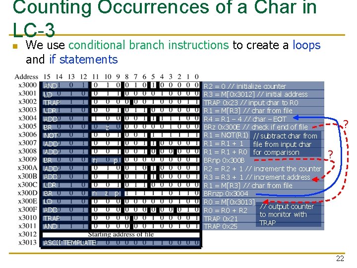 Counting Occurrences of a Char in LC-3 n We use conditional branch instructions to