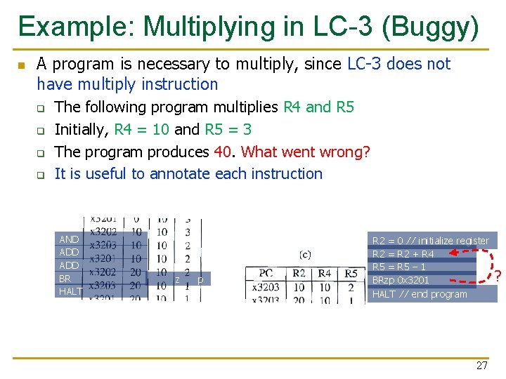 Example: Multiplying in LC-3 (Buggy) n A program is necessary to multiply, since LC-3