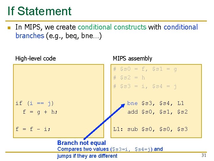 If Statement n In MIPS, we create conditional constructs with conditional branches (e. g.