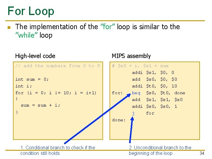 For Loop n The implementation of the ”for” loop is similar to the ”while”