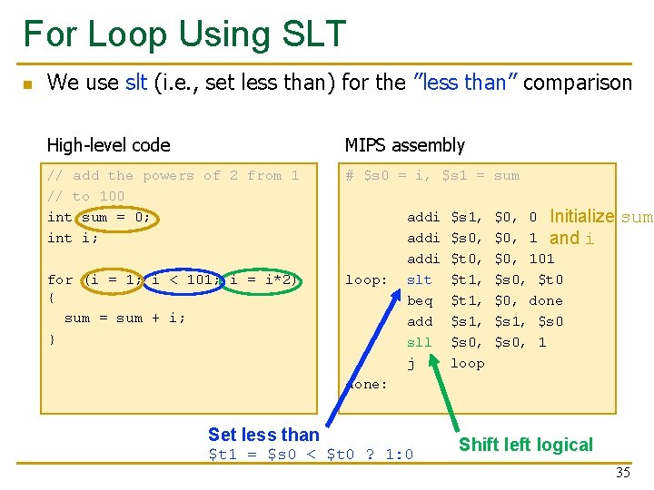 For Loop Using SLT n We use slt (i. e. , set less than)