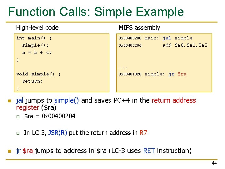 Function Calls: Simple Example High-level code MIPS assembly int main() { simple(); a =