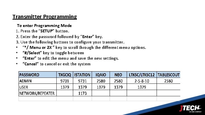 Transmitter Programming To enter Programming Mode 1. Press the “SETUP” button. 2. Enter the