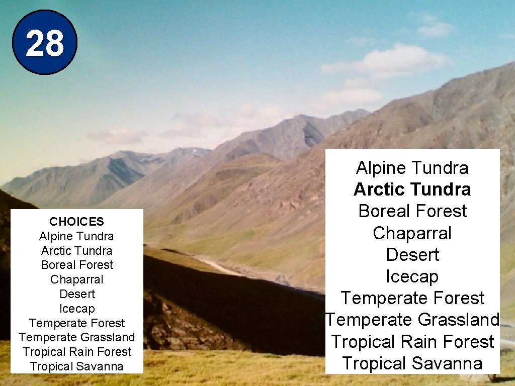 28 CHOICES Alpine Tundra Arctic Tundra Boreal Forest Chaparral Desert Icecap Temperate Forest Temperate