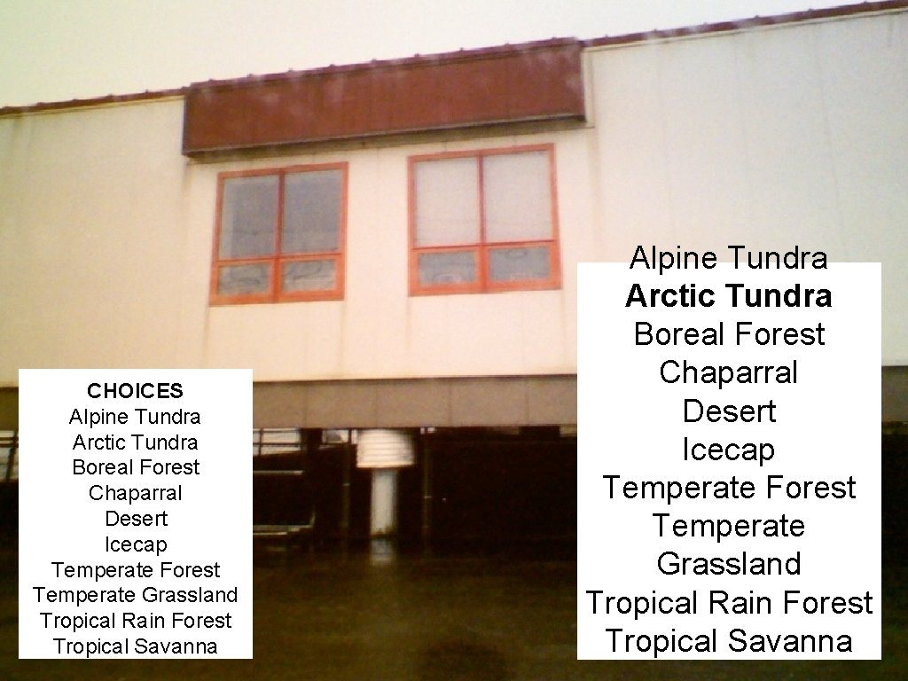 CHOICES Alpine Tundra Arctic Tundra Boreal Forest Chaparral Desert Icecap Temperate Forest Temperate Grassland