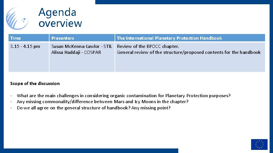 Agenda overview Time Presenters The International Planetary Protection Handbook 3. 15 - 4. 15