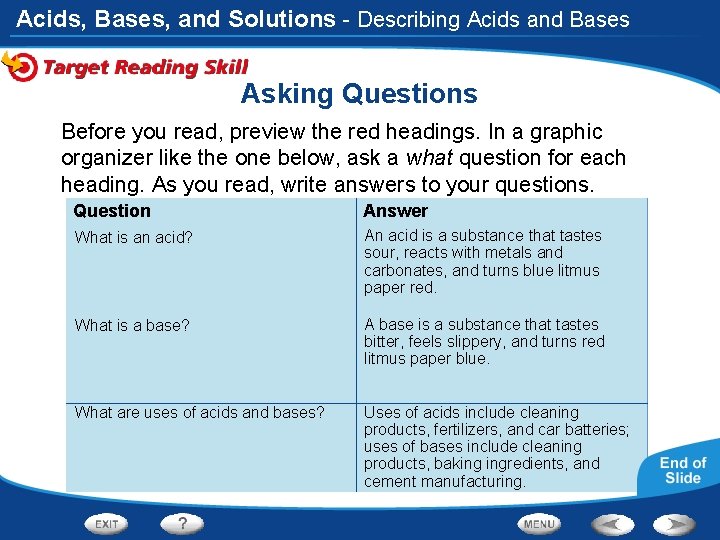 Acids, Bases, and Solutions - Describing Acids and Bases Asking Questions Before you read,