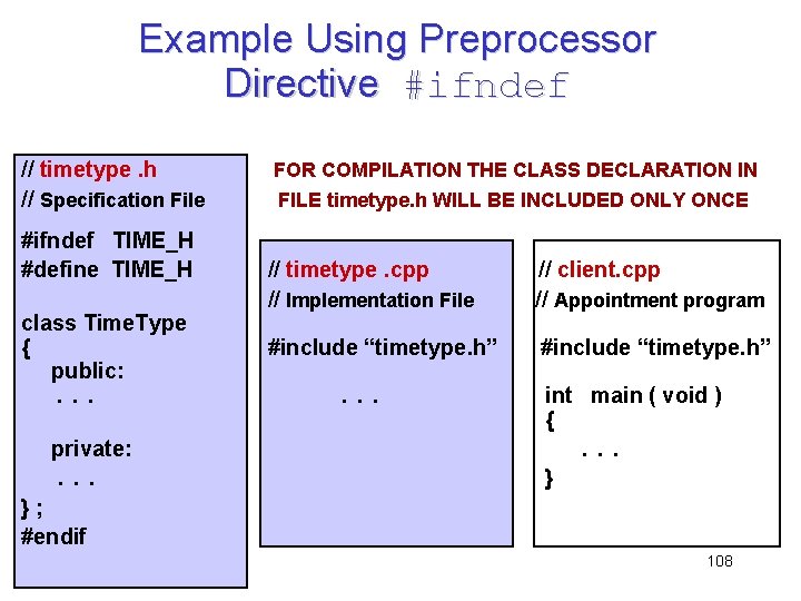 Example Using Preprocessor Directive #ifndef // timetype. h // Specification File #ifndef TIME_H #define