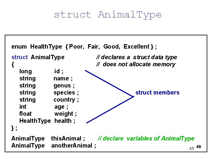 struct Animal. Type enum Health. Type { Poor, Fair, Good, Excellent } ; struct