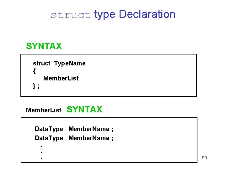 struct type Declaration SYNTAX struct Type. Name { Member. List }; Member. List SYNTAX