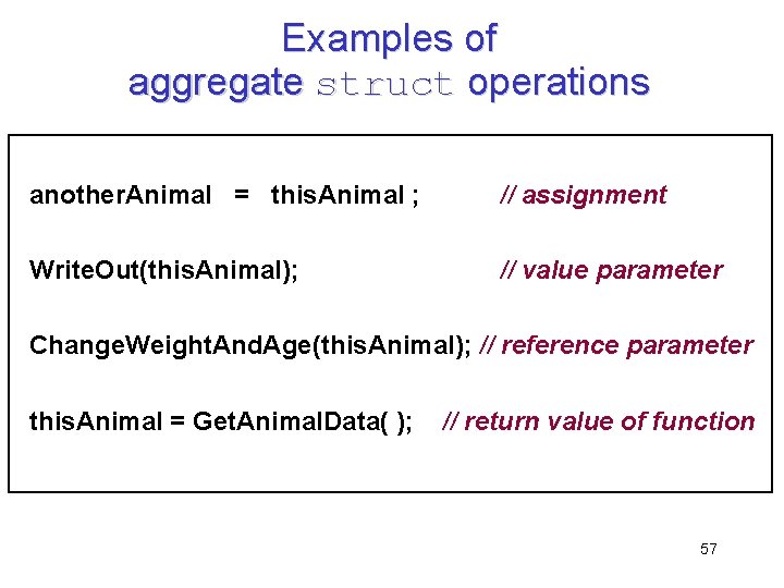 Examples of aggregate struct operations another. Animal = this. Animal ; // assignment Write.