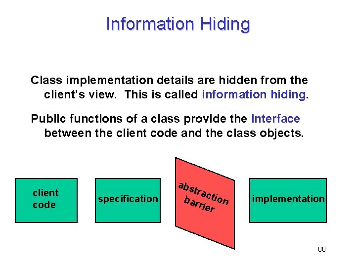Information Hiding Class implementation details are hidden from the client’s view. This is called