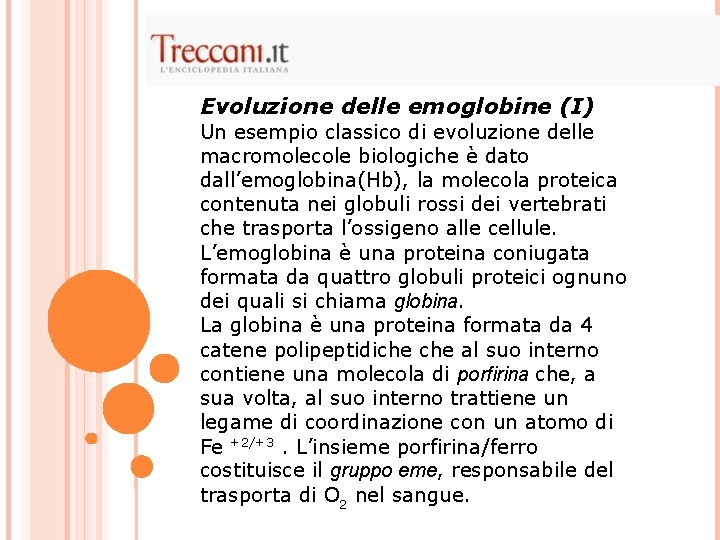 Evoluzione delle emoglobine (I) Un esempio classico di evoluzione delle macromolecole biologiche è dato