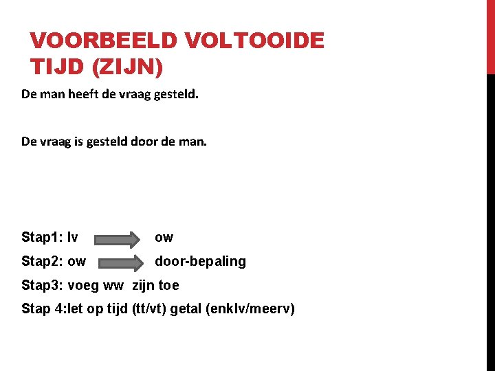 VOORBEELD VOLTOOIDE TIJD (ZIJN) De man heeft de vraag gesteld. De vraag is gesteld