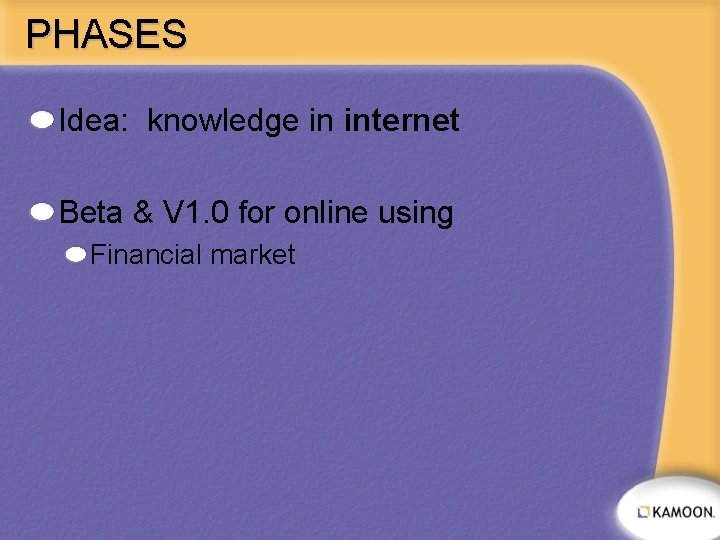 PHASES Idea: knowledge in internet Beta & V 1. 0 for online using Financial