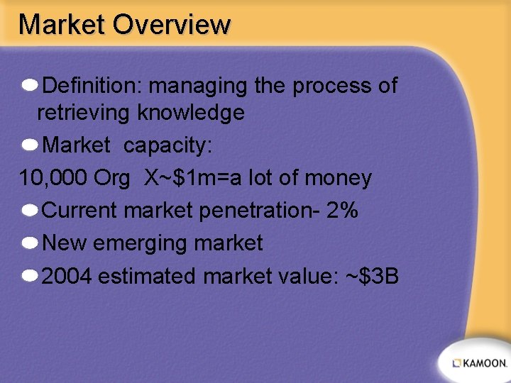 Market Overview Definition: managing the process of retrieving knowledge Market capacity: 10, 000 Org