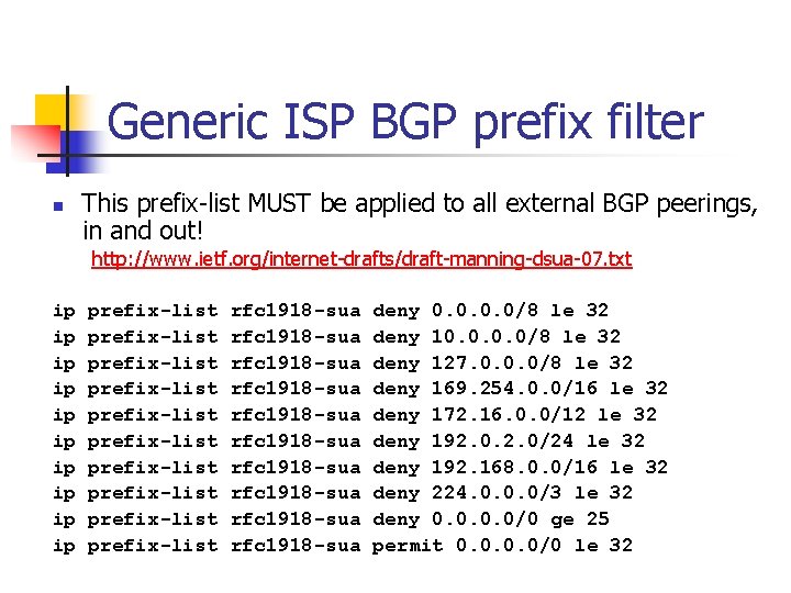 Generic ISP BGP prefix filter n This prefix-list MUST be applied to all external