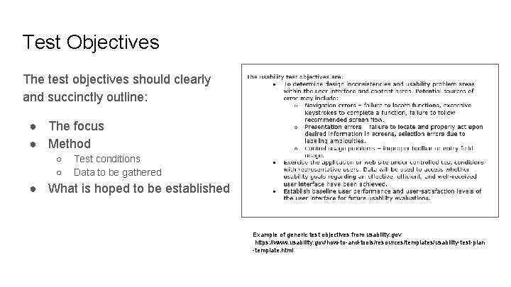 Test Objectives The test objectives should clearly and succinctly outline: ● The focus ●