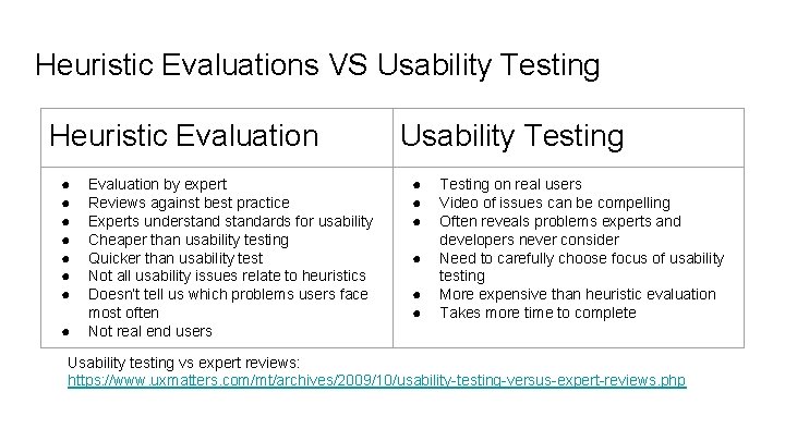 Heuristic Evaluations VS Usability Testing Heuristic Evaluation ● ● ● ● Evaluation by expert