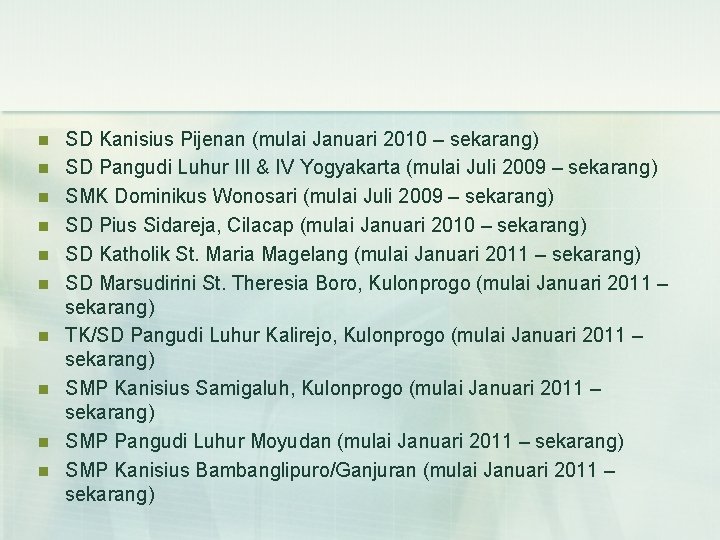 n n n n n SD Kanisius Pijenan (mulai Januari 2010 – sekarang) SD