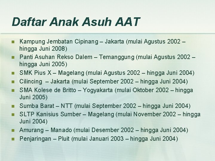 Daftar Anak Asuh AAT n n n n n Kampung Jembatan Cipinang – Jakarta