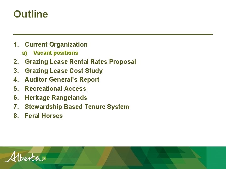 Outline 1. Current Organization a) 2. 3. 4. 5. 6. 7. 8. Vacant positions