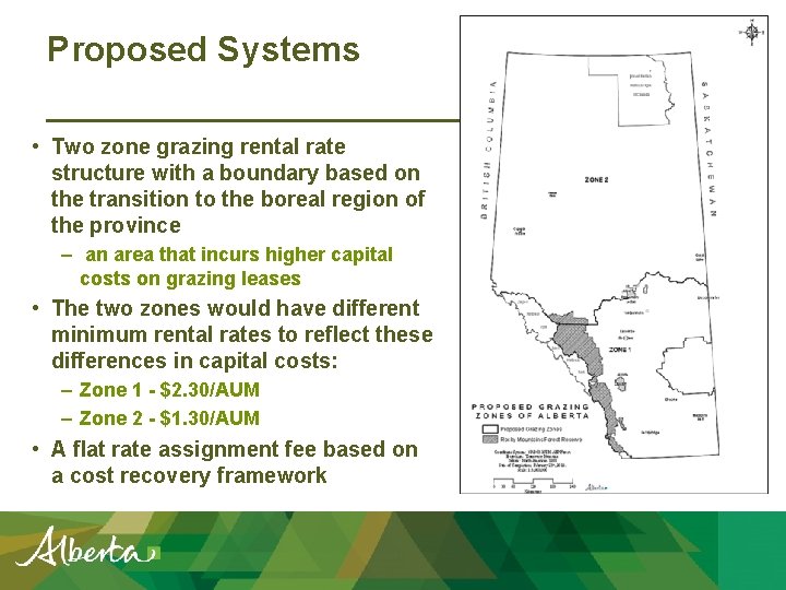 Proposed Systems • Two zone grazing rental rate structure with a boundary based on