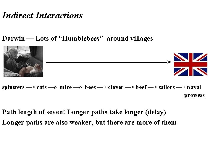 Indirect Interactions Darwin — Lots of “Humblebees” around villages —————————> spinsters —> cats —o