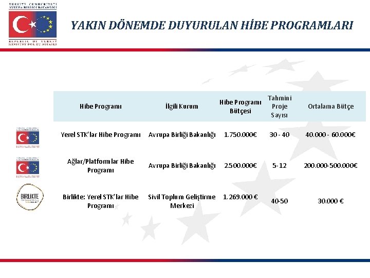 YAKIN DÖNEMDE DUYURULAN HİBE PROGRAMLARI Tahmini Proje Sayısı Ortalama Bütçe Hibe Programı İlgili Kurum