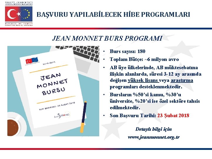 BAŞVURU YAPILABİLECEK HİBE PROGRAMLARI JEAN MONNET BURS PROGRAMI • Burs sayısı: 180 • Toplam