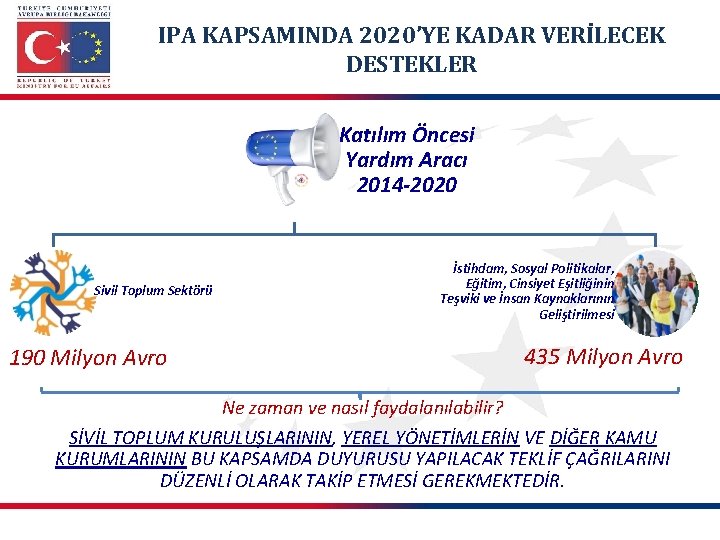 IPA KAPSAMINDA 2020’YE KADAR VERİLECEK DESTEKLER Katılım Öncesi Yardım Aracı 2014 -2020 Sivil Toplum