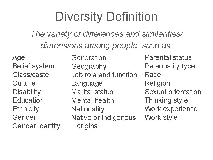 Diversity Definition The variety of differences and similarities/ dimensions among people, such as: Age