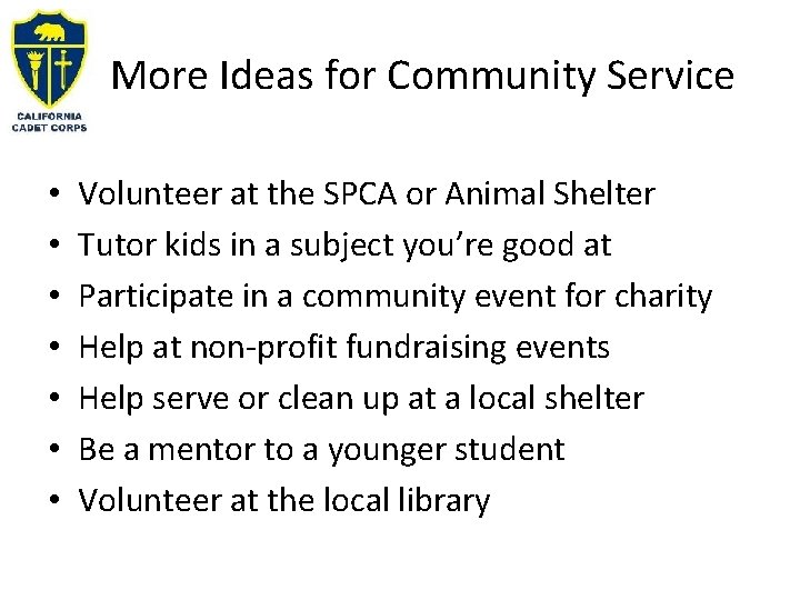 More Ideas for Community Service • • Volunteer at the SPCA or Animal Shelter
