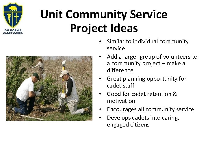 Unit Community Service Project Ideas • Similar to individual community service • Add a