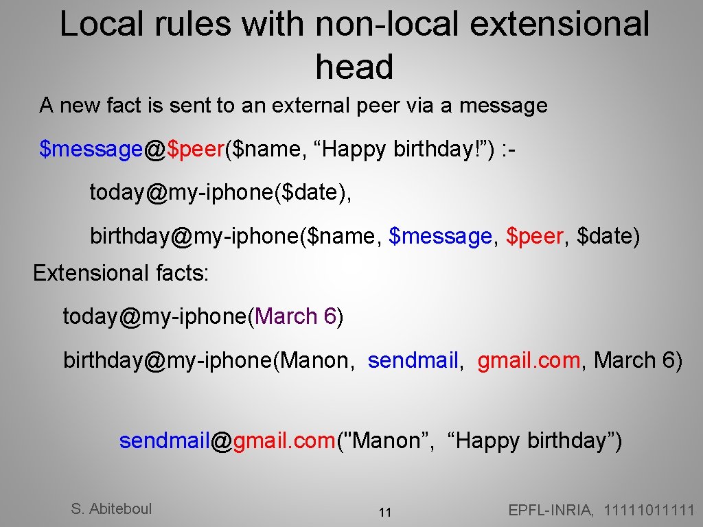 Local rules with non-local extensional head A new fact is sent to an external