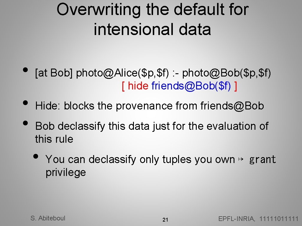 Overwriting the default for intensional data • • • [at Bob] photo@Alice($p, $f) :