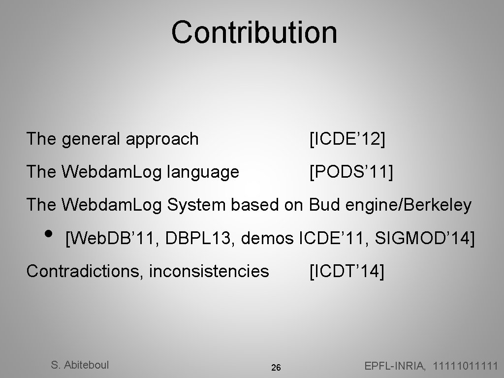 Contribution The general approach [ICDE’ 12] The Webdam. Log language [PODS’ 11] The Webdam.