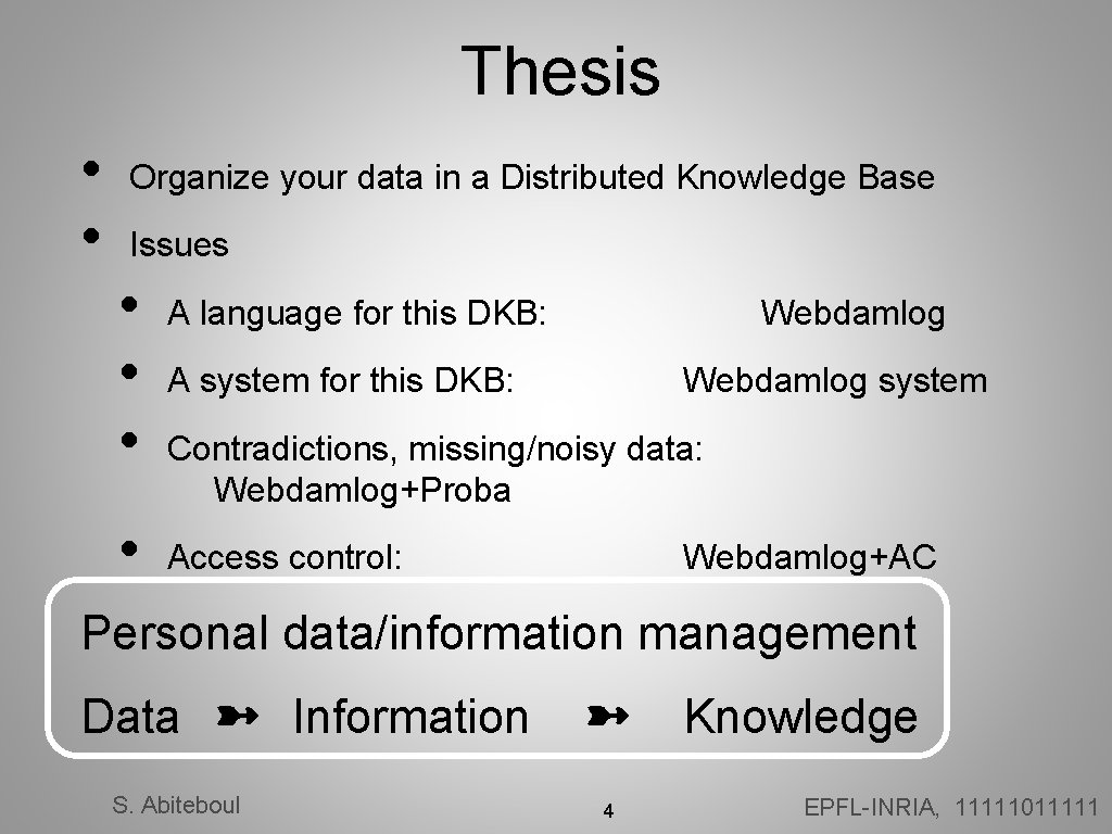 Thesis • • Organize your data in a Distributed Knowledge Base Issues • •