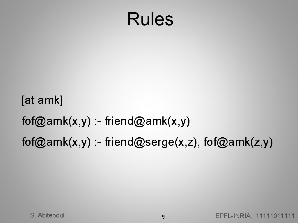 Rules [at amk] fof@amk(x, y) : - friend@amk(x, y) fof@amk(x, y) : - friend@serge(x,