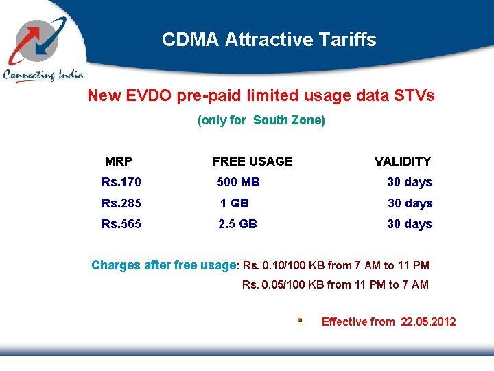 CDMA Attractive Tariffs New EVDO pre-paid limited usage data STVs (only for South Zone)