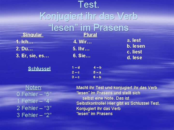 Test. Konjugiert ihr das Verb “lesen” im Prasens Singular 1. Ich… 2. Du… 3.