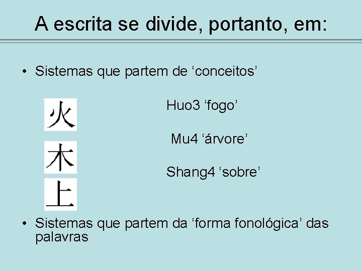 A escrita se divide, portanto, em: • Sistemas que partem de ‘conceitos’ Huo 3
