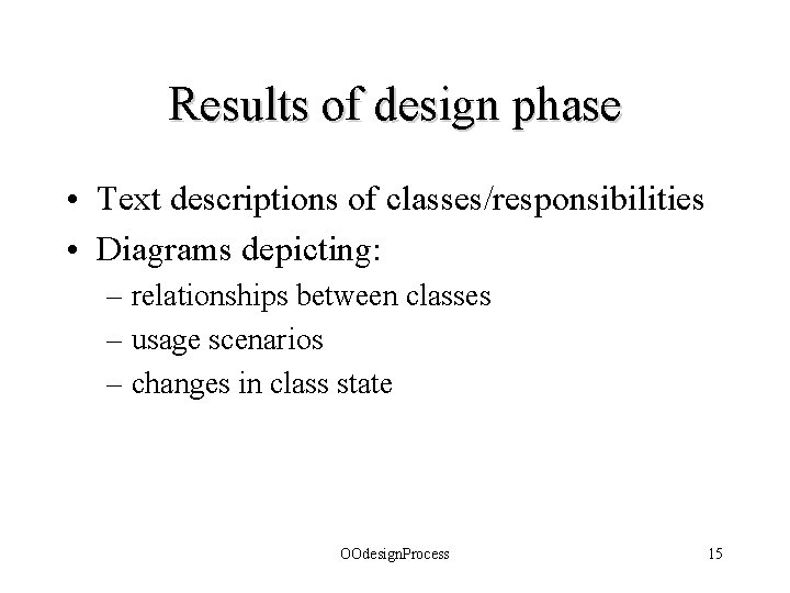 Results of design phase • Text descriptions of classes/responsibilities • Diagrams depicting: – relationships