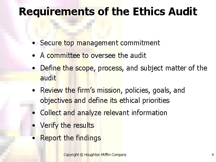 Requirements of the Ethics Audit • Secure top management commitment • A committee to